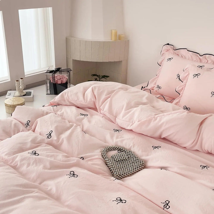 Bow Embroidery Ruffle Duvet Cover Set, 4 Pieces for Kids, Teens, Guests | Ruffled Bow Bedding for Girls Rooms | Duvet Cover Sets