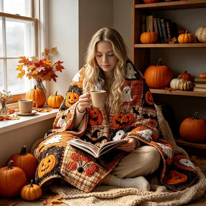 Patchwork Halloween Throw Blanket with Pumpkin and Ghost Print | Seasonal Style for Your Sofa | Throw Blankets