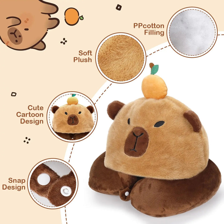 Hooded Capybara Travel Pillow with Plush Character Hood | Cuddly Hood and Neck Support | Travel Pillows