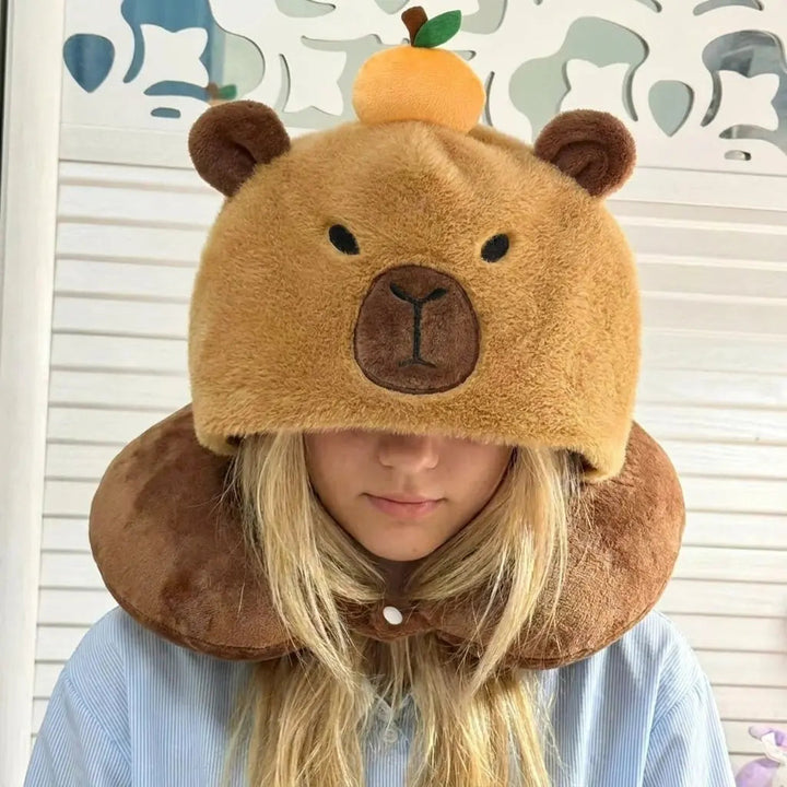 Capybara Travel Pillow with Plush Hood and Snap Closure | Capybara Hooded Travel Pillow | Travel Pillows