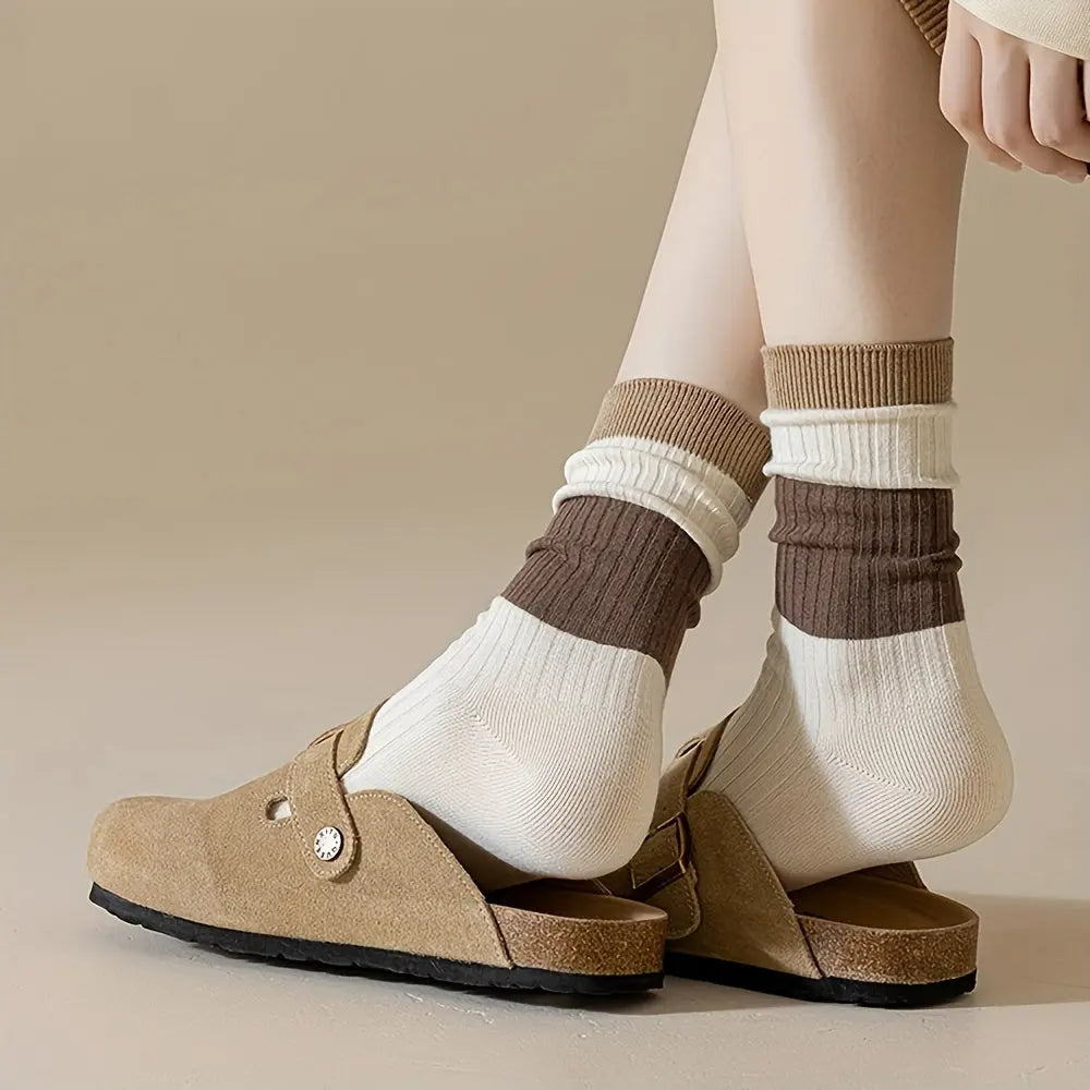 Brown Striped Crew Socks with Ribbed Knit Construction, 5 Pairs | Brown Striped Ribbed Crew Socks | Socks