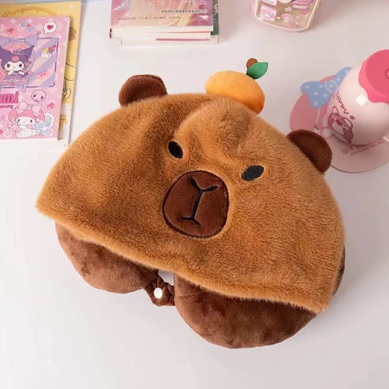 Hooded Capybara Travel Pillow with Plush Character Hood | Cuddly Hood and Neck Support | Travel Pillows