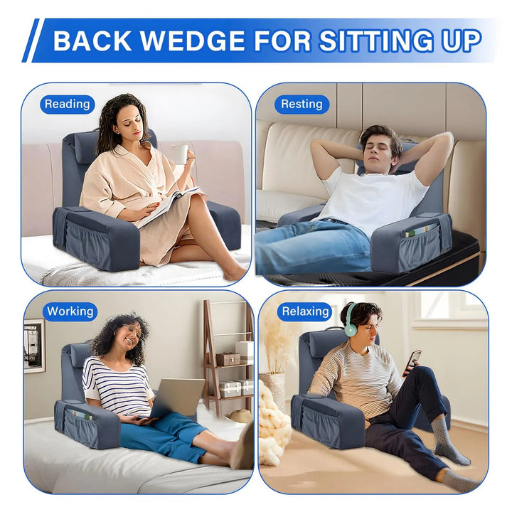 Angled Bed Rest Reading Pillow with Arms, Neck Roll and Pockets | Sit Up Comfortably Without Sliding | Reading Pillows