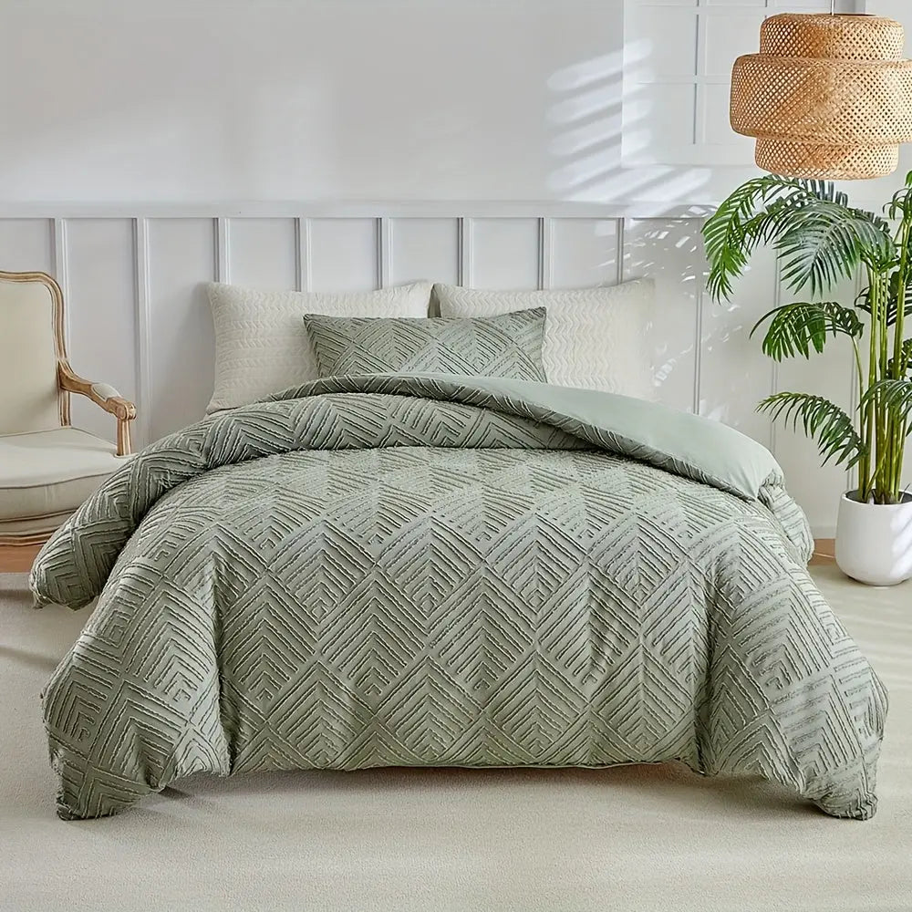 Tufted Luxury Duvet Cover Set with Geometric Texture, 3 Pieces | Tufted Geometric Luxury Duvet Set | Duvet Sets