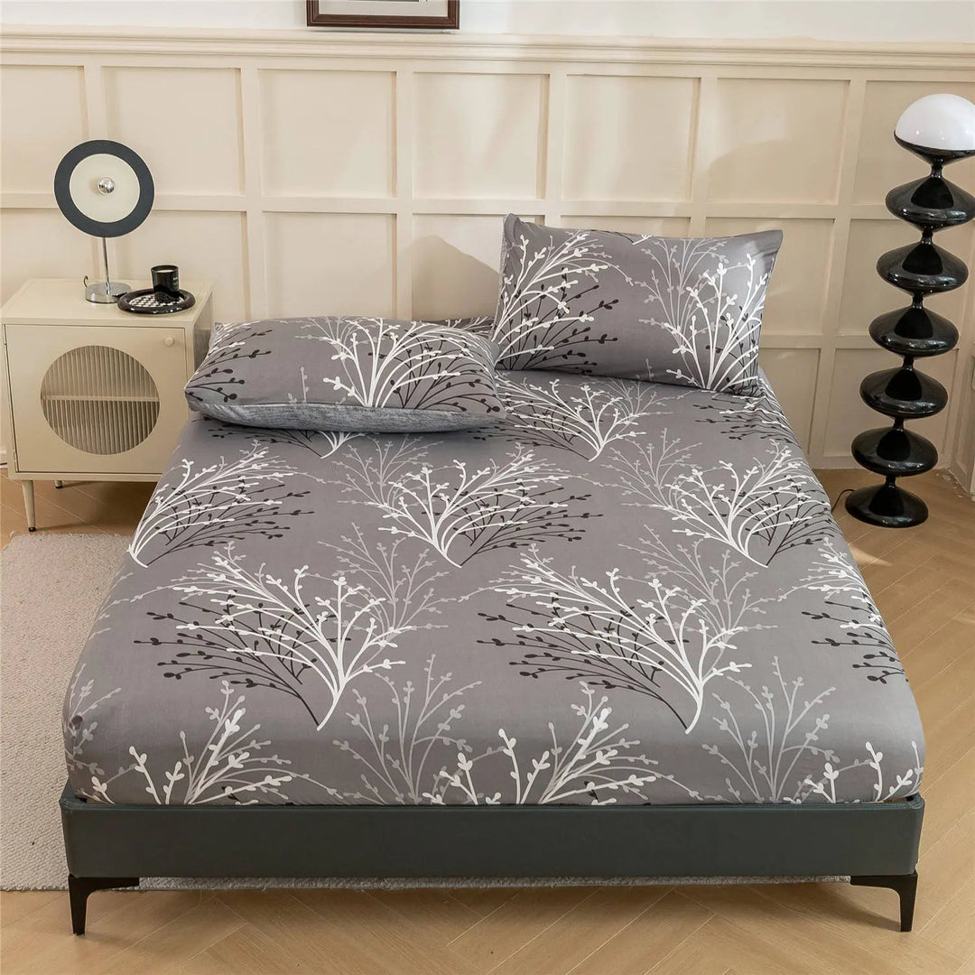 Gray Leaf Fitted Sheet with White Branch Pattern for Bedroom and Dorm | Gray Leaf Pattern Fitted Sheet | Fitted Sheets