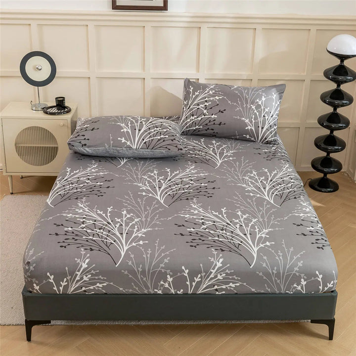 Gray Leaf Fitted Sheet with White Branch Pattern for Bedroom and Dorm | Gray Leaf Pattern Fitted Sheet | Fitted Sheets