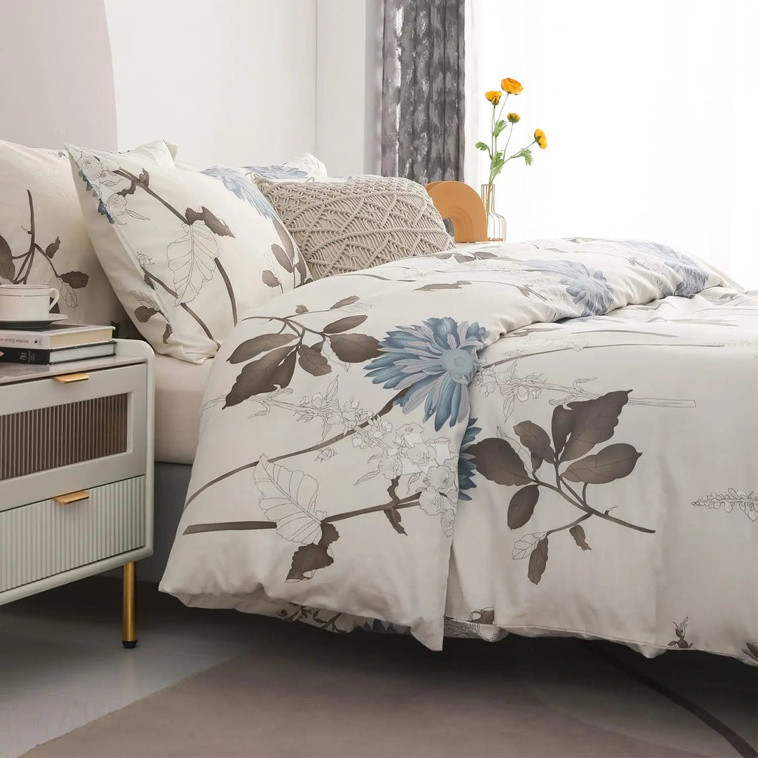 Reversible 600 Thread Count Botanical Cotton Duvet Cover Set | 600 Thread Count Floral Bedding | Bedding Sets