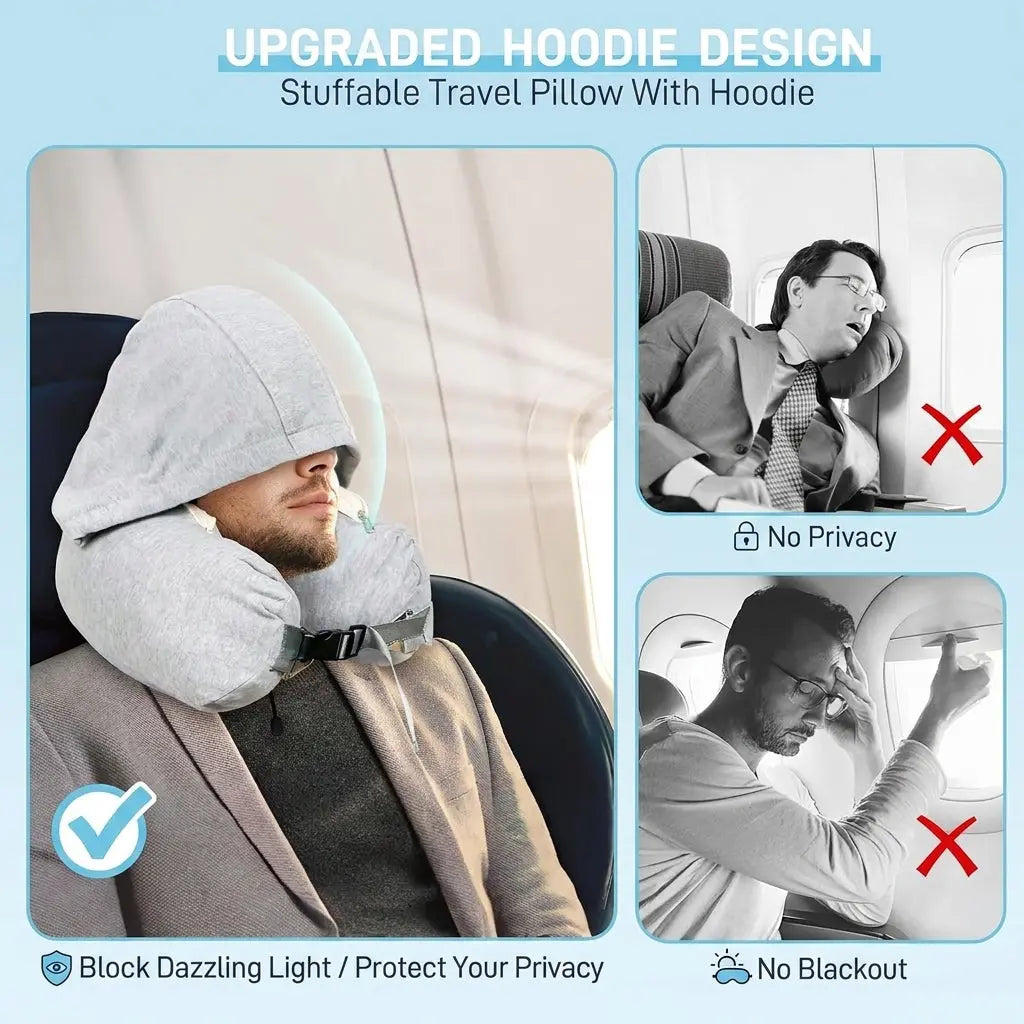 Stuffable Hooded Travel Pillow with Storage Bag and Adjustable Neck | Stuffable Hooded Travel Pillow | Travel Pillows