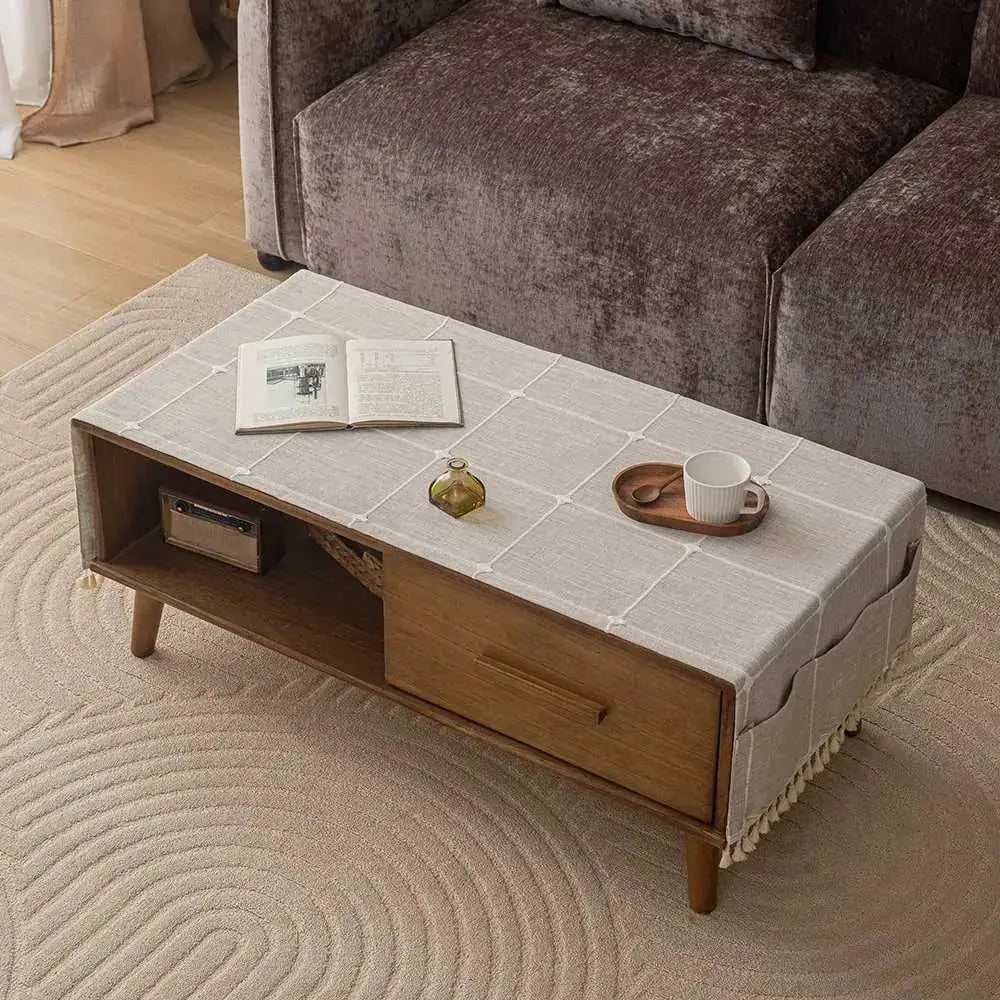 Tasseled Coffee Table Cover Cloth with Side Storage Pockets, 20x59in | Tidy Table, Pocketed Storage | Table Covers