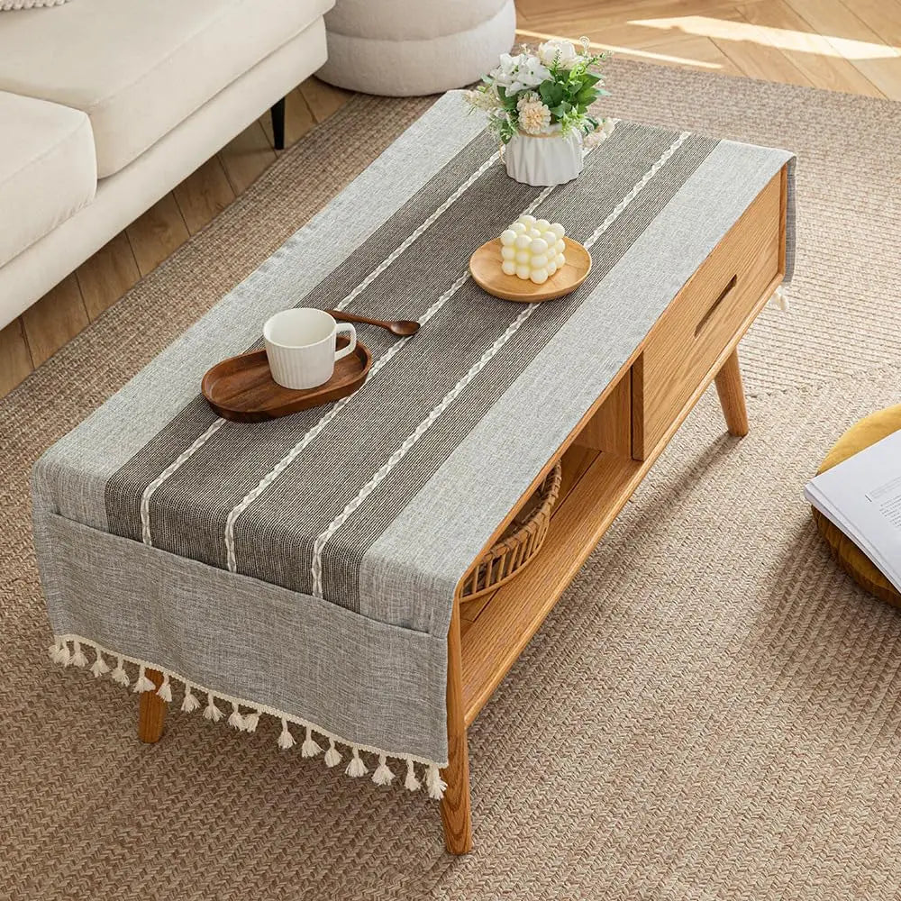 Tasseled Coffee Table Cover Cloth with Side Storage Pockets, 20x59in | Tidy Table, Pocketed Storage | Table Covers