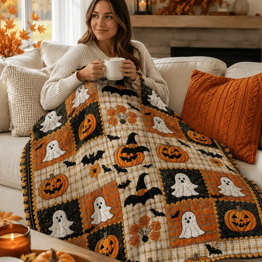 Halloween Patchwork Throw Blanket with Pumpkin and Ghost Design | Patchwork Halloween Throw Blanket | Throw Blankets