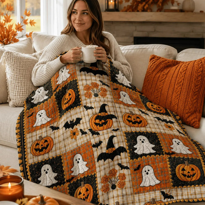 Patchwork Halloween Throw Blanket with Pumpkin and Ghost Print | Seasonal Style for Your Sofa | Throw Blankets