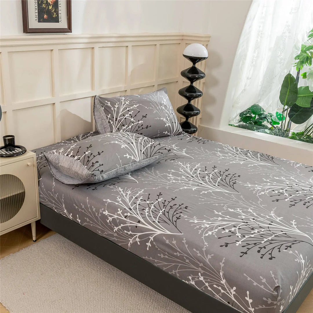 Gray Leaf Fitted Sheet with White Branch Pattern for Bedroom and Dorm | Gray Leaf Pattern Fitted Sheet | Fitted Sheets