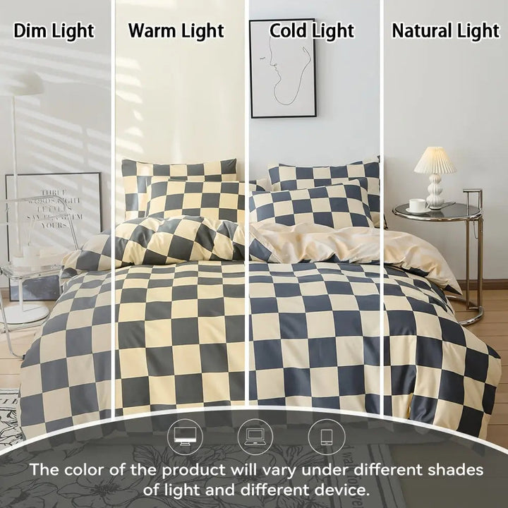 Checkered 4-Piece Bedding Set with Duvet Cover, Sheet, Pillowcases | Checkered Style, Soft Polyester | Bedding Sets