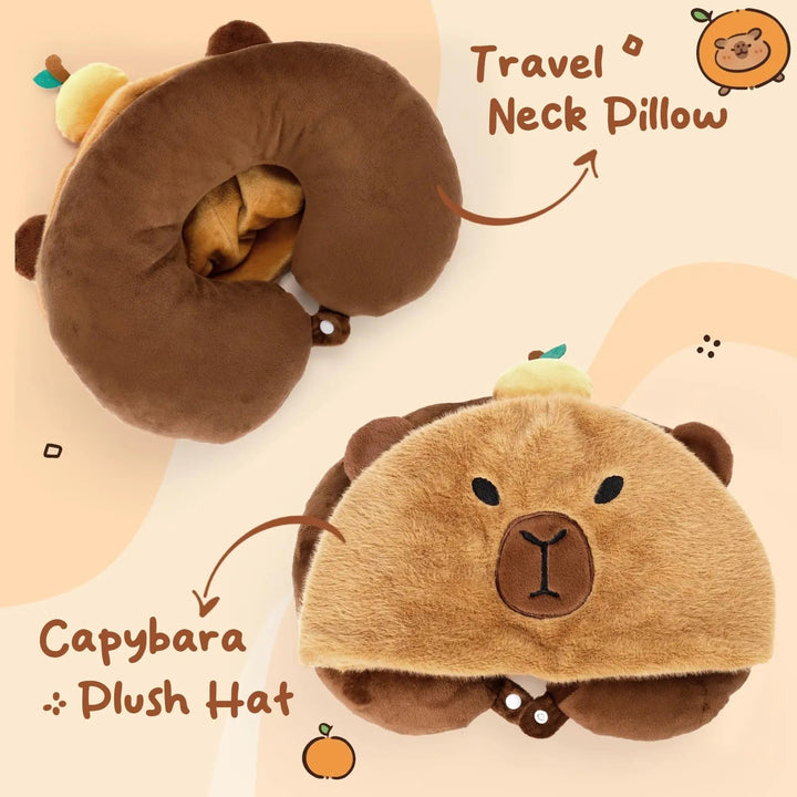 Capybara Travel Pillow with Plush Hood and Snap Closure | Capybara Hooded Travel Pillow | Travel Pillows
