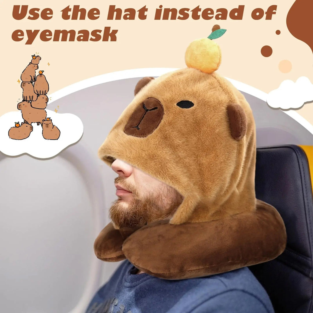 Capybara Travel Pillow with Plush Hood and Snap Closure | Capybara Hooded Travel Pillow | Travel Pillows
