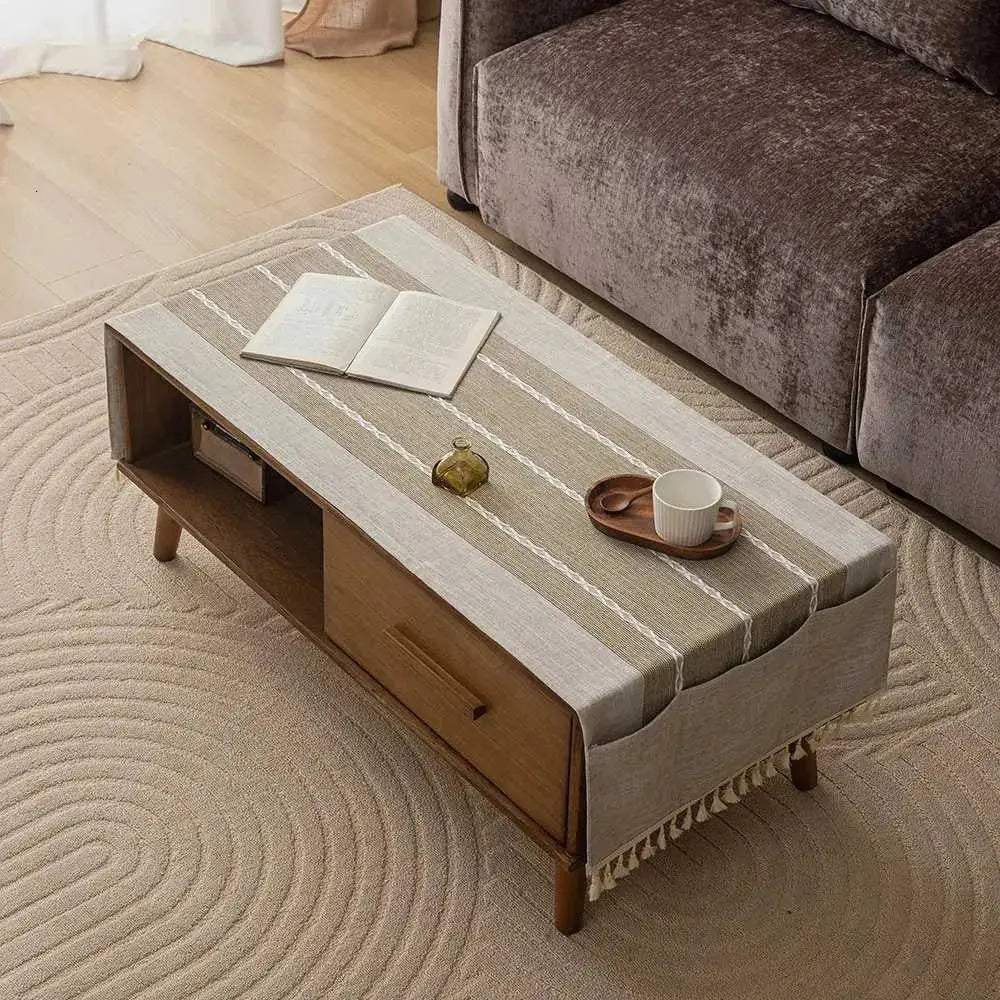 Tasseled Coffee Table Cover Cloth with Side Storage Pockets, 20x59in | Tidy Table, Pocketed Storage | Table Covers