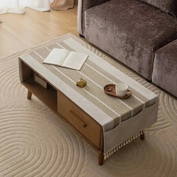Tasseled Coffee Table Cover Cloth with Side Storage Pockets, 20x59in | Tidy Table, Pocketed Storage | Table Covers