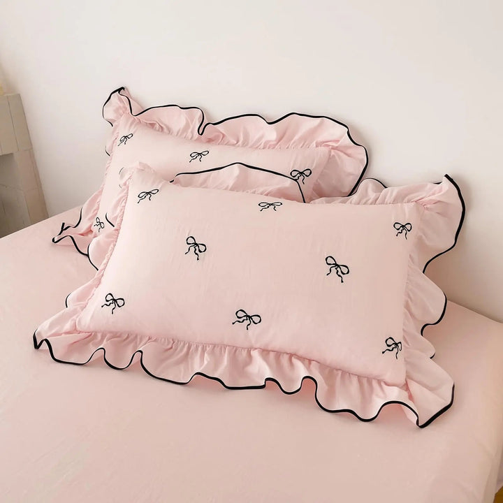 Bow Embroidery Ruffle Duvet Cover Set, 4 Pieces for Kids, Teens, Guests | Ruffled Bow Bedding for Girls Rooms | Duvet Cover Sets
