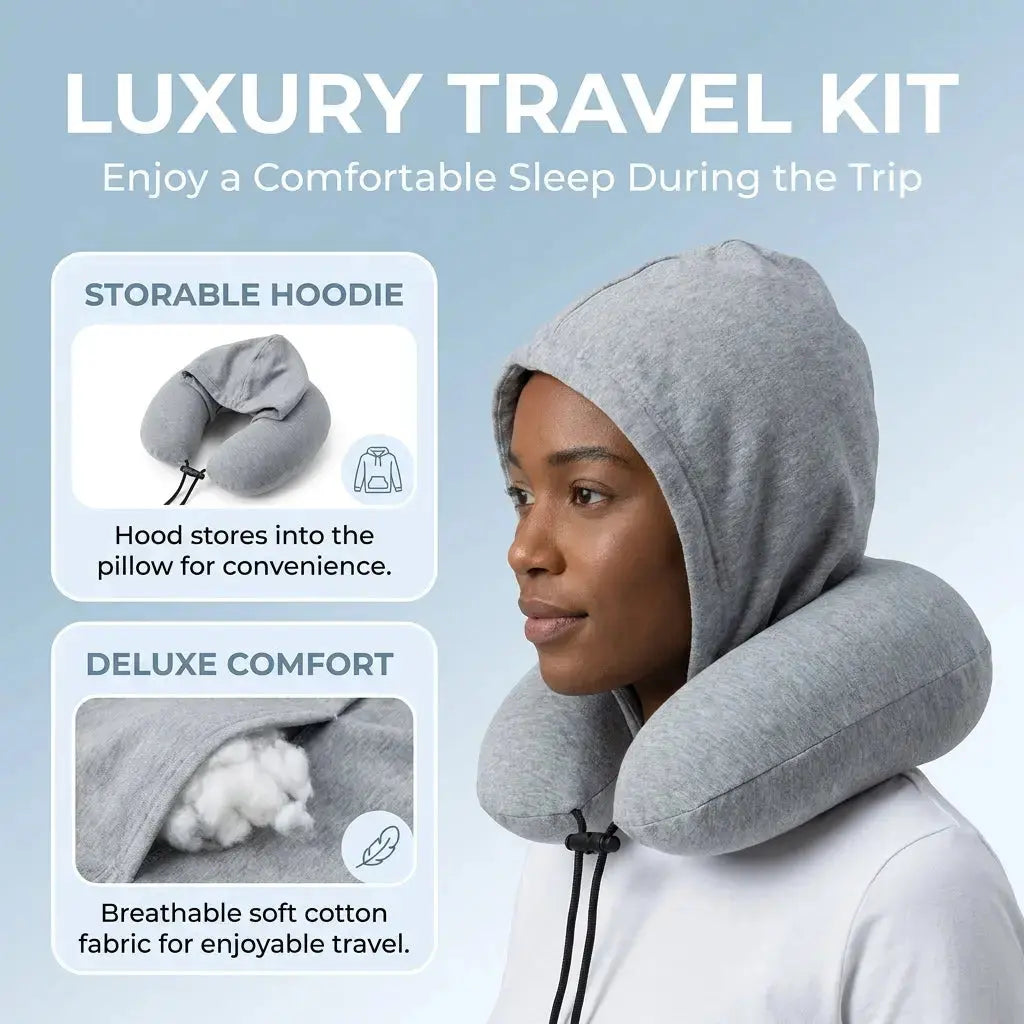 Stuffable Hooded Travel Pillow with Storage Bag and Adjustable Neck | Stuffable Hooded Travel Pillow | Travel Pillows