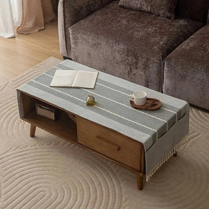 Tasseled Coffee Table Cover Cloth with Side Storage Pockets, 20x59in | Tidy Table, Pocketed Storage | Table Covers