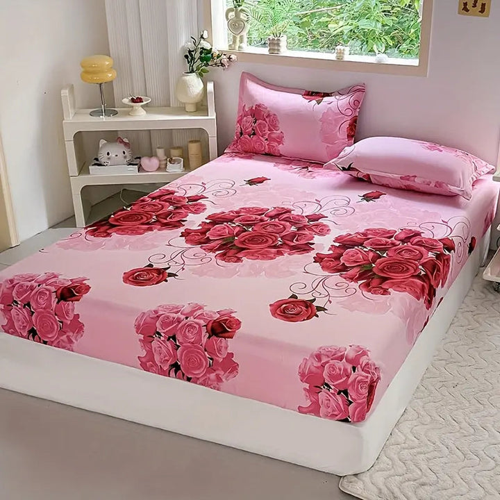 Fresh Floral Fitted Sheet Set with Matching Pillowcases | Light Floral Print on White | Fitted Sheets
