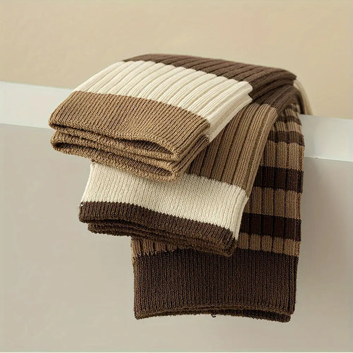 Brown Striped Crew Socks with Ribbed Knit Construction, 5 Pairs | Brown Striped Ribbed Crew Socks | Socks