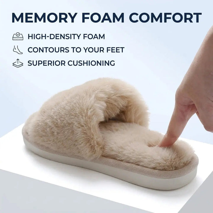 Fluffy Plush Open-Toe Cross-Band Slippers with Cushioned Sole | Soft Steps on Chilly Floors | Slippers