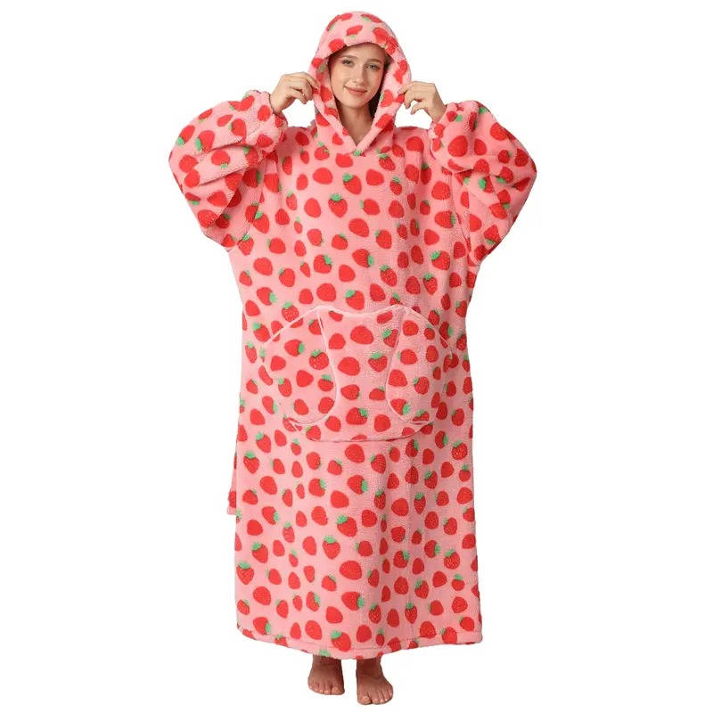 Long Wearable Blanket Hoodie in Fleece and Sherpa with Print Designs, One Size | Fleece and Sherpa Long Hoodie Blanket | Wearable Blankets