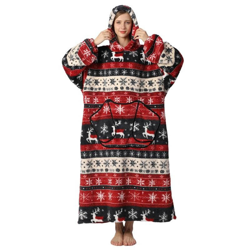 Long Wearable Blanket Hoodie in Fleece and Sherpa with Print Designs, One Size | Fleece and Sherpa Long Hoodie Blanket | Wearable Blankets