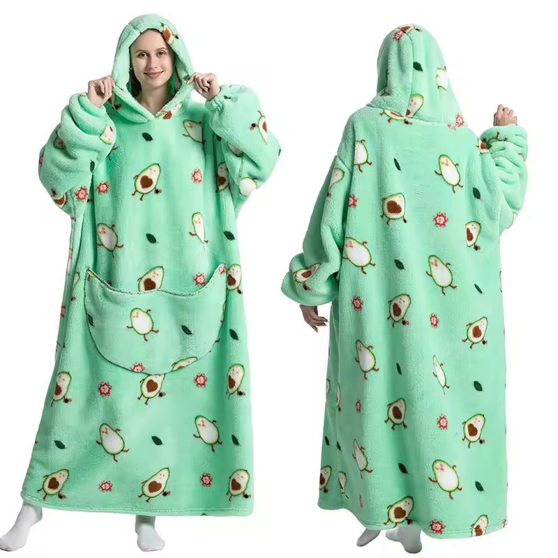 Long Wearable Blanket Hoodie in Fleece and Sherpa with Print Designs, One Size | Fleece and Sherpa Long Hoodie Blanket | Wearable Blankets