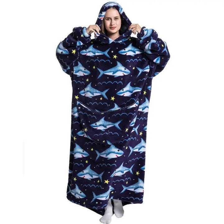 Long Wearable Blanket Hoodie with Sleeves, Fleece Lined and Sherpa Outer | Long Sherpa Hoodie Blanket with Sleeves | Wearable Blankets