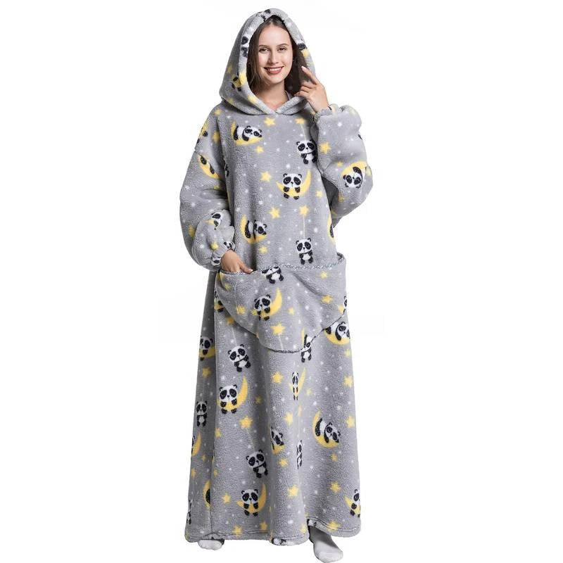 Long Wearable Blanket Hoodie in Fleece and Sherpa with Print Designs, One Size | Fleece and Sherpa Long Hoodie Blanket | Wearable Blankets