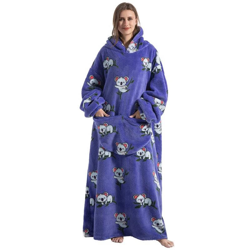 Long Wearable Blanket Hoodie in Fleece and Sherpa with Print Designs, One Size | Fleece and Sherpa Long Hoodie Blanket | Wearable Blankets