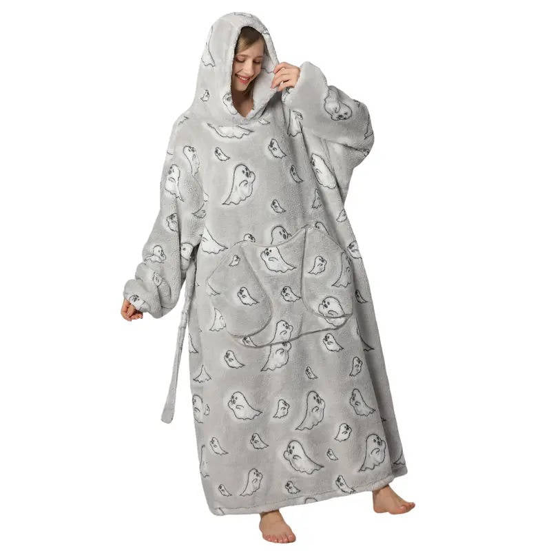 Long Wearable Blanket Hoodie in Fleece and Sherpa with Print Designs, One Size | Fleece and Sherpa Long Hoodie Blanket | Wearable Blankets
