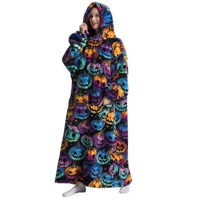 Long Wearable Blanket Hoodie with Sleeves, Fleece Lined and Sherpa Outer | Long Sherpa Hoodie Blanket with Sleeves | Wearable Blankets