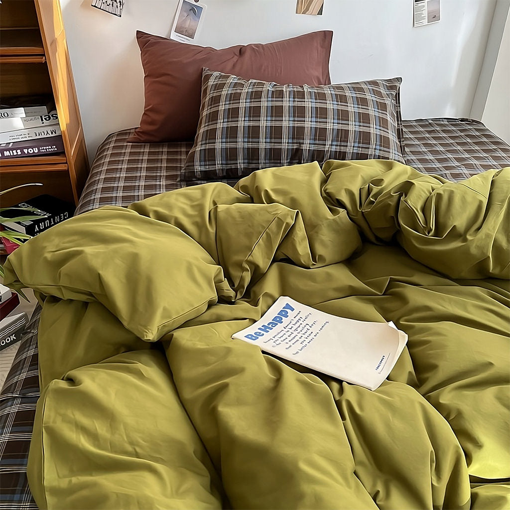 Rustic Olive Green Plaid Duvet Cover Set in 100% Cotton | Olive Plaid with Brown Pillowcases | Bedding Sets