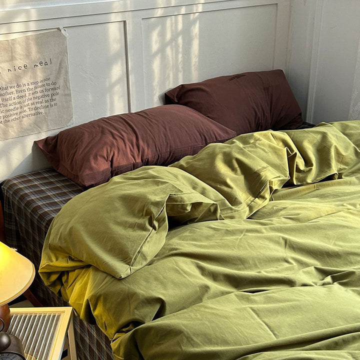 Rustic Olive Green Plaid Duvet Cover Set in 100% Cotton | Olive Plaid with Brown Pillowcases | Bedding Sets