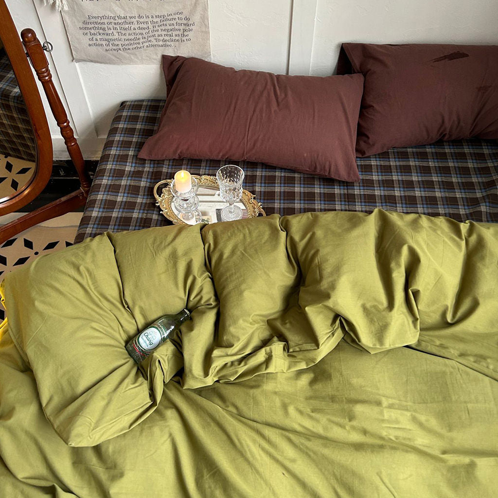 Rustic Olive Green Plaid Duvet Cover Set in 100% Cotton | Olive Plaid with Brown Pillowcases | Bedding Sets
