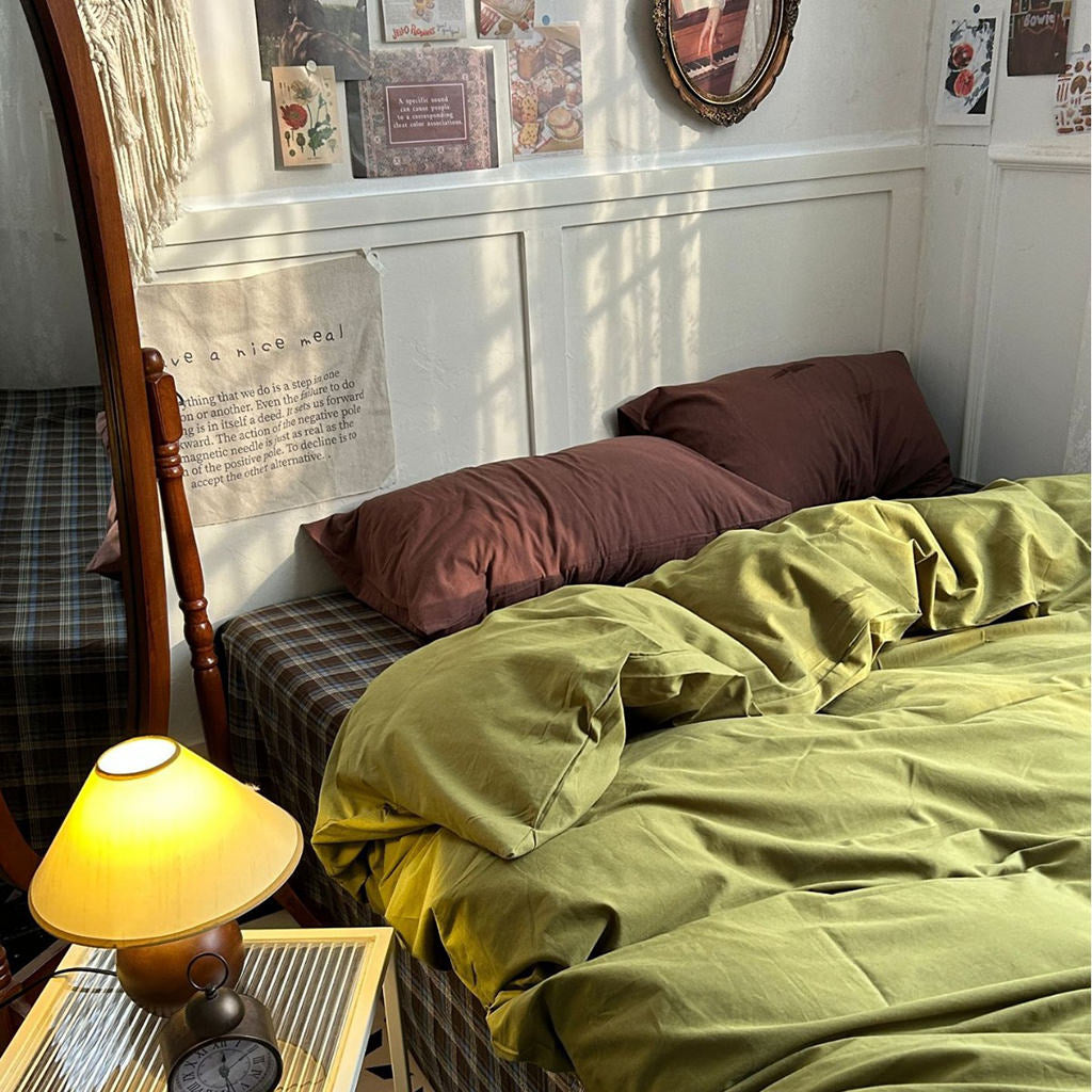 Rustic Olive Green Plaid Duvet Cover Set in 100% Cotton | Olive Plaid with Brown Pillowcases | Bedding Sets