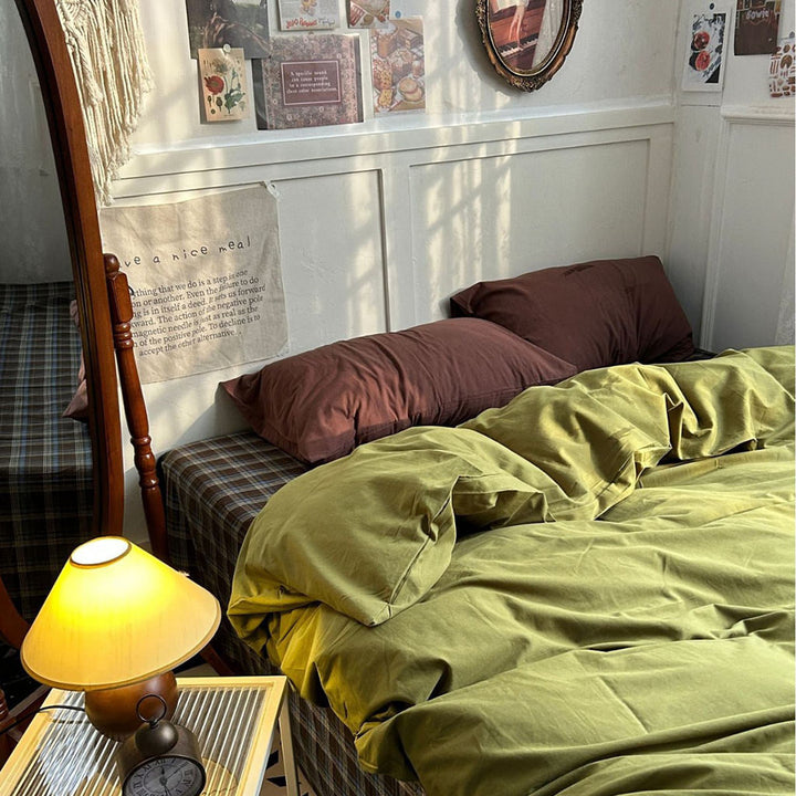 Rustic Olive Green Plaid Duvet Cover Set in 100% Cotton | Olive Plaid with Brown Pillowcases | Bedding Sets