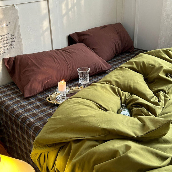 Rustic Olive Green Plaid Duvet Cover Set in 100% Cotton | Olive Plaid with Brown Pillowcases | Bedding Sets