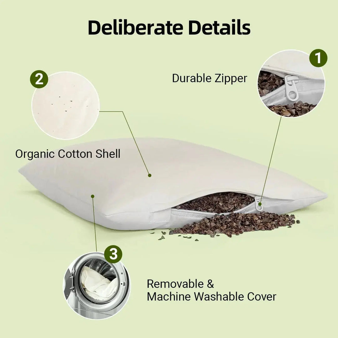 Organic Buckwheat Hull Pillow with Adjustable Fill, 40x60cm, Japanese Style | Firm Cooler Buckwheat Support | Bed Pillows