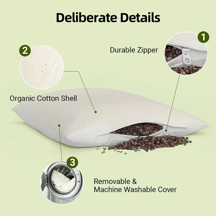 Organic Buckwheat Hull Pillow with Adjustable Fill, 40x60cm, Japanese Style | Firm Cooler Buckwheat Support | Bed Pillows