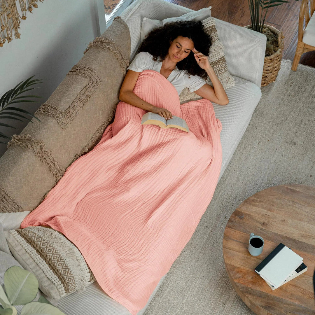Cotton Muslin Boho Throw Blanket with Six Layer Weave | Breathable Everyday Softness | Throw Blankets