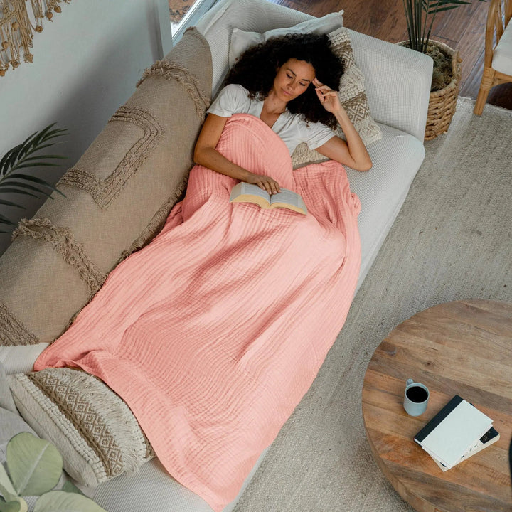 Cotton Muslin Boho Throw Blanket with Six Layer Weave | Breathable Everyday Softness | Throw Blankets