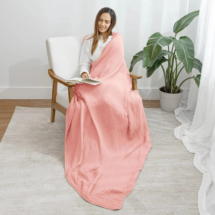 Cotton Muslin Boho Throw Blanket with Six Layer Weave | Breathable Everyday Softness | Throw Blankets