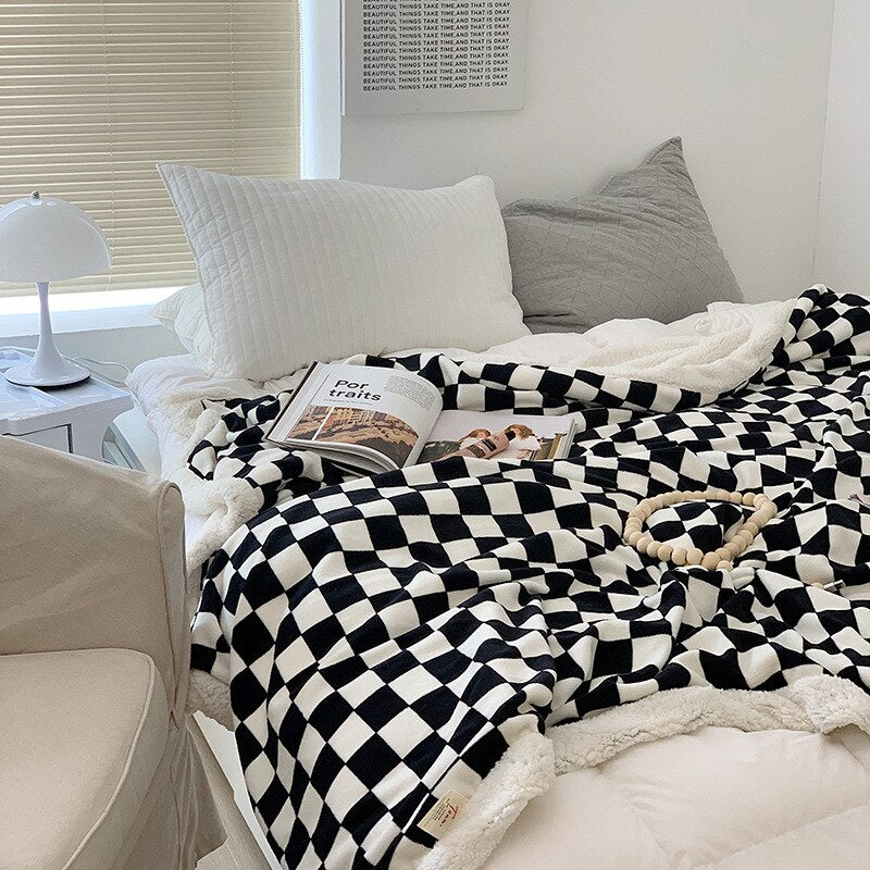 Thick Plush Checkerboard Throw Blanket in Black Green Yellow Red | Thick Checkerboard Plush Warmth | Throw Blankets