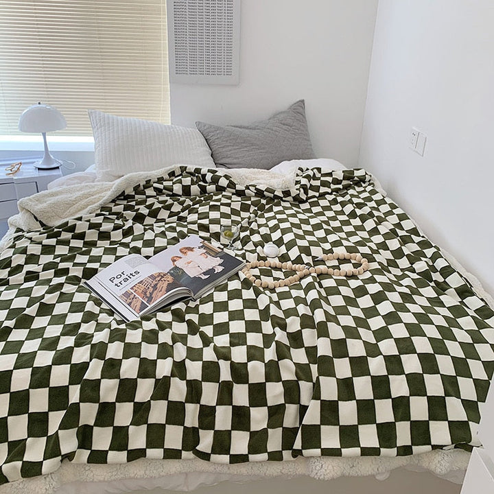 Thick Plush Checkerboard Throw Blanket in Black Green Yellow Red | Thick Checkerboard Plush Warmth | Throw Blankets