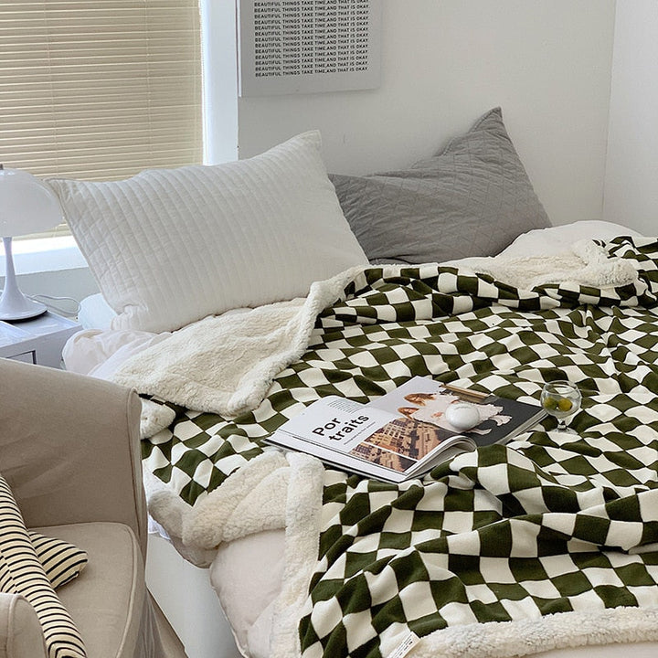 Thick Plush Checkerboard Throw Blanket in Black Green Yellow Red | Thick Checkerboard Plush Warmth | Throw Blankets